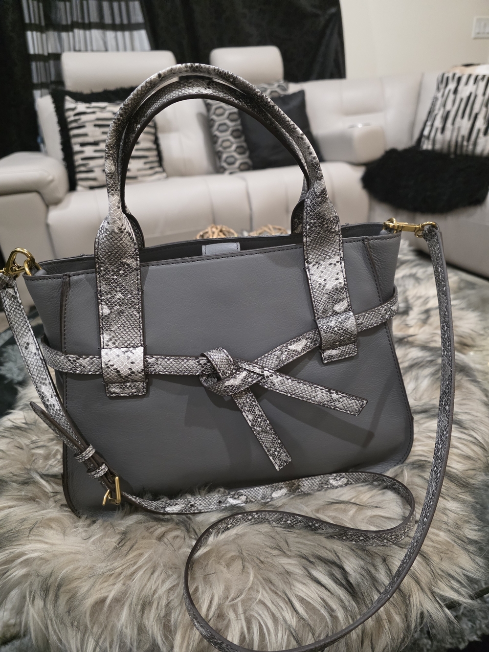 Fossil Stylish Gray Tote with Snake-Print Accents